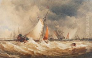 Sailing Vessels On A Rough Sea by Alfred Herbert