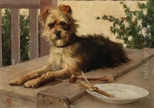 Australian Terrier On A Packing Crate In Garden by Lucien Henry Herbert