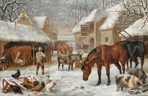 A Farmyard In Winter by Edward Benjamin Herberte