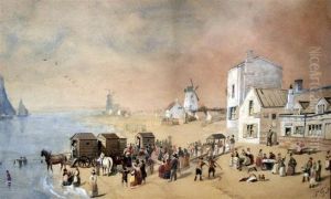 Bathing Huts And Fisherfolk On The Beach Near Liverpool