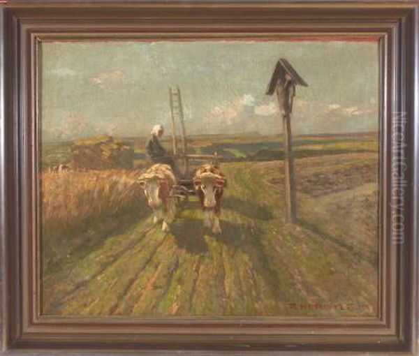 Bauerin Auf Einem Leeren Ochsenfuhrwerk Bei Einem Wegkreuz Am Kornfeld - view 1