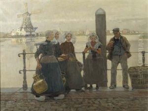 Bei Dordrecht: Fisherfolk Conversing On A Quay by Hans Hermann