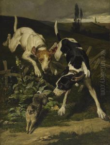 Deux Chiens Poursuivant Un Lapin by Leon-Charles Hermann