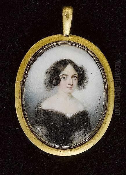 A Lady, Wearing Black Dress, With White Underslip With Black Lace Shawl. - view 1