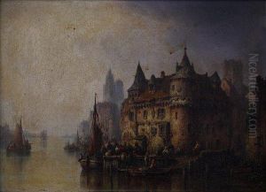 Quay On A River, A Cathedral Beyond