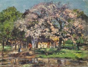 Bauerliches Gehoft Mit Bluhendem Baum by Heinrich Hermanns