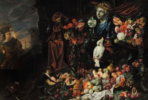 Detto Monsu' Aurora Fiori E Frutta Con Cane, Scimmia E Pappagallo