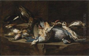 Still Life Of Game Birds Resting On A Rock Ledge by Johannes Hermans