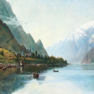 Rowing Boats On Hardanger Fiord In Norway With Snowy Mountains In The Background by Olaf August Hermansen
