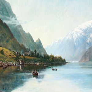 Rowing Boats On The Hardangerfjord In Norway With Snowy Mountains In The Background by Olaf August Hermansen