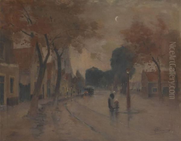 Mere Et Enfant Sous Le Reverbere Au Lever De Lune - view 1