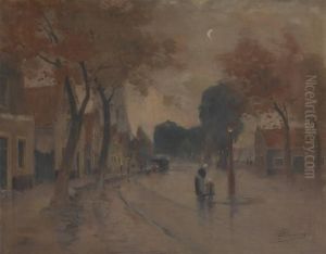 Mere Et Enfant Sous Le Reverbere Au Lever De Lune
