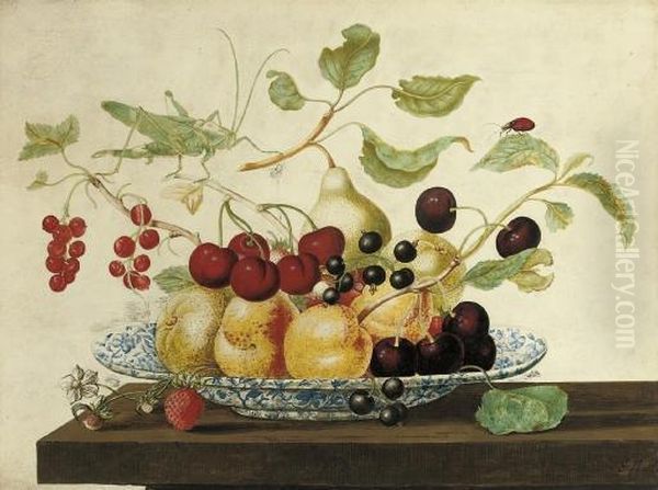 Still Life With A Grasshoper And A Ladybug Perched On Branches Arranged In A Delft Bowl With Cherries, Pears, Peaches, Blackcurrants, Redcurrants And Strawberries - view 1