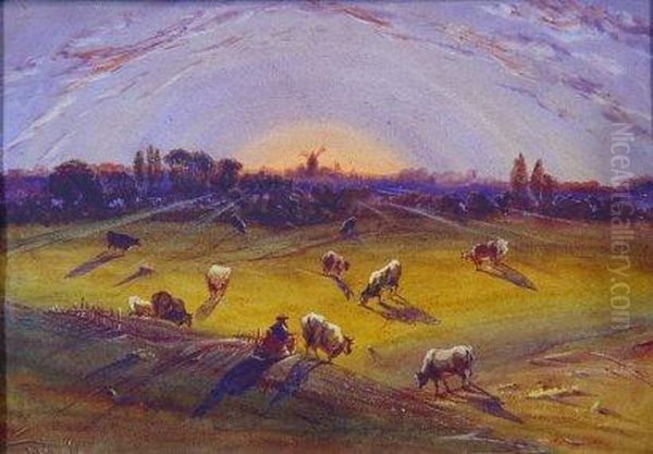 Vaches Aux Paturages Et Moulin Au Soleilcouchant - view 1
