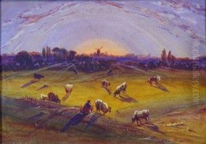 Vaches Aux Paturages Et Moulin Au Soleilcouchant by Antoine-Desire Heroult
