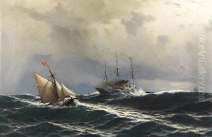 Segelkutter Und Dampfer Auf Sturmischer See by Franz Carl Herpel