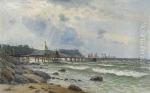 Kustenpartie Mit Seebrucke Und Booten by Franz Carl Herpel