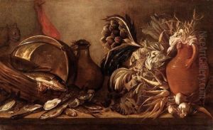 Cesta Di Pesci, Ostriche, Paiolo In Rame, Fiasca, Carciofo, Rape, Carote, Brocca Con Grano E Gatto Alla Sinistra