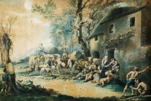 Exterior Of A Country Inn With Numerous Figures by Willem Jacob Herreyns