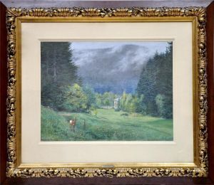 Nebelverhangene Waldhange Mit Rotwild Und Anwesen Im Tal Nebelverhangene Waldhange Mit Rotwild Und Anwesen Im Tal
