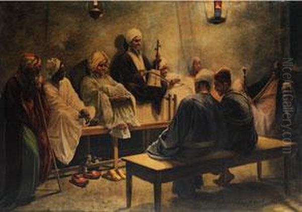 Orientalisches Interieur Mit Arabern, Einem Musikanten Lauschend - view 1