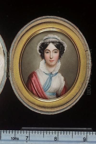 Julia M. Herries, Wearing White Dress With Blue Waistband And Neck-tie, A Gold Brooch At Her Collar, Red Shawl Around Her Shoulders, Drop Blue Earrings, A White Cap Over Her Dark Curled Hair - view 1