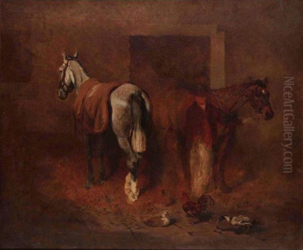 Two Horses With Groom In Stable - view 1