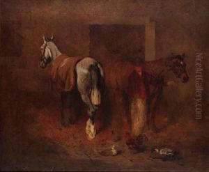 Two Horses With Groom In Stable by Benjamin Herring, Jnr.