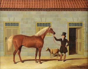 Burgundy By Usquebaugh Out Of Calendaloe With Groom And Goat In Stableyard by Benjamin Herring, Jnr.