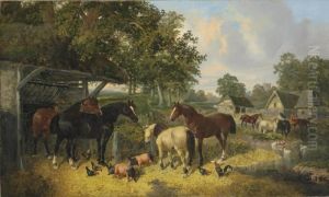 Horses, Pigs And Chickens In A Farmyard