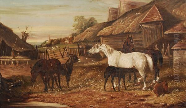Horses And Foals In A Farmyard - view 1