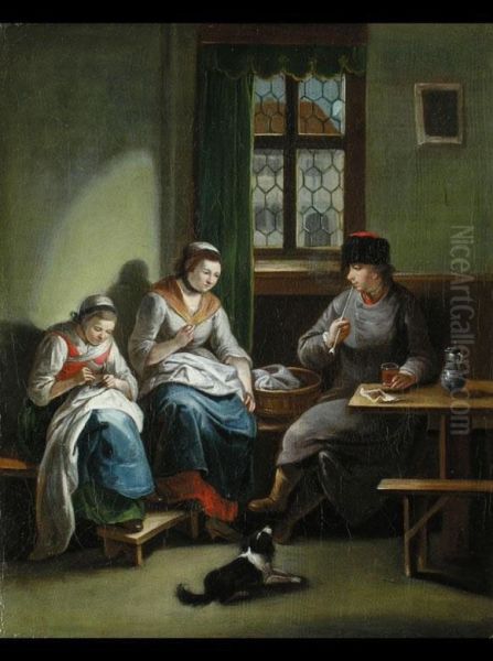 Interieur Mit Zwei Stopfenden Frauen Und Eines Pfeife Rauchenden Mannes - view 1