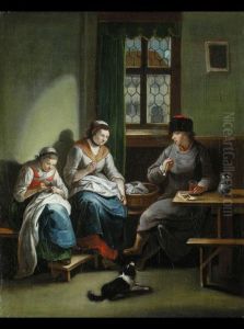 Interieur Mit Zwei Stopfenden Frauen Und Eines Pfeife Rauchenden Mannes by Johann Andreas Herrlein