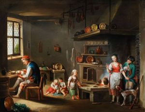 Bauernfamilie Und Ein Jager In Der Kuche