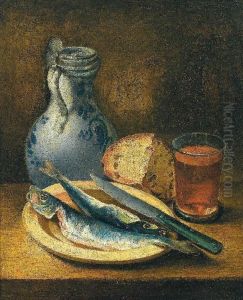 Stilleben Mit Heringen, Brot, Krug Und Glas by Johann Andreas Herrlein