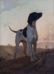 Braque Pres D'un Lievre Huile Sur Toile by Charles Herrman-Leon