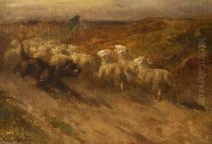 N-leon . Dog Herding Sheep, Signed "ch. Herrmann-leon" Lower Right by Charles Herrman-Leon