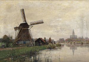 Activity By A Mill With A City In The Background by Hans Herrmann