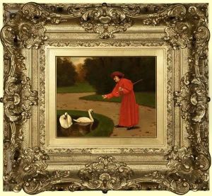 Cardinal Feeding A Pair Of Swans by Leo Herrmann