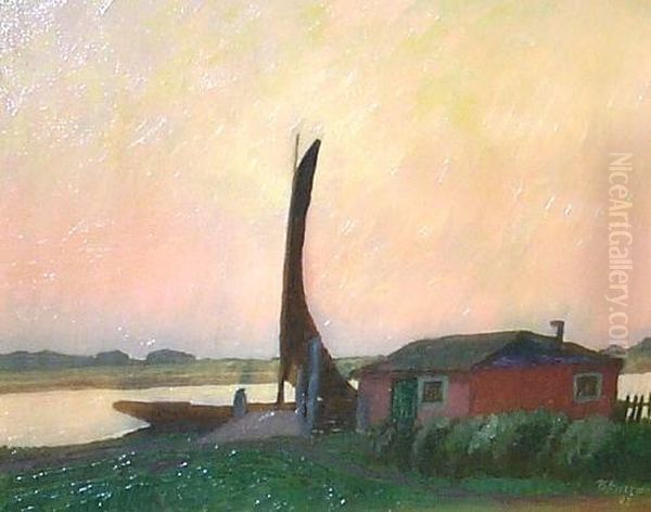 Fluslandschaft Mit Boot Und Hutte. Unten Rechts Signiert Und Datiert Thj. Herrmann 22 - view 1