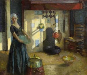 Lady In Kitchen Interior by Otto John Herschel