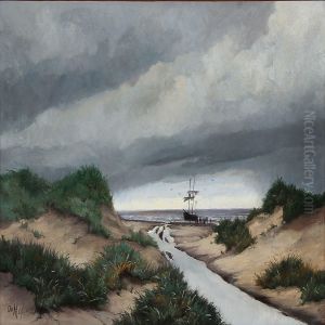 Beach Scene With A Sailing Ships Near The Coast by Oscar Herschend