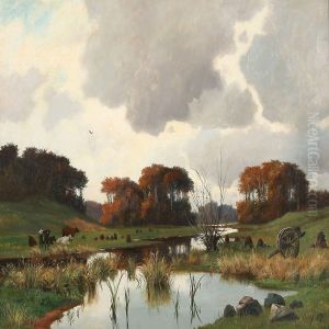 Autumn Landscape With Grazing Cattle Near A River by Oscar Herschend