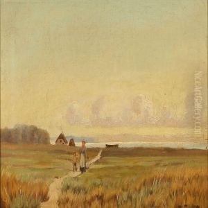 Landscape With A Mother And Child Ona Field Path by Oscar Herschend