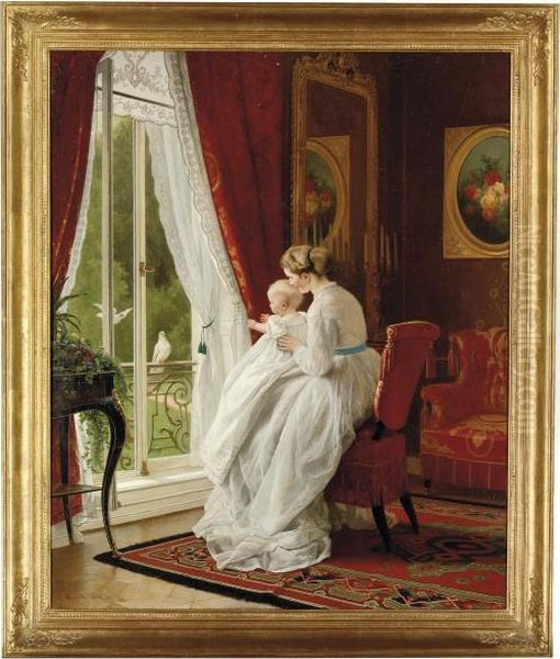 A Mother And Child Watching Doves At A Window - view 1