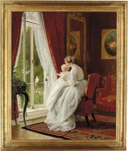 A Mother And Child Watching Doves At A Window by Carl Hertel
