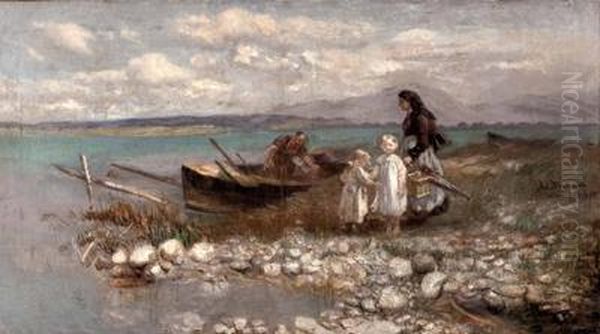 Fischer Und Bauerin In Tracht Mit Kindern Am Chiemseeufer - view 1