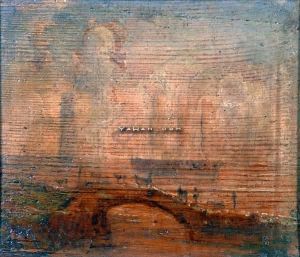 Mennesker Og Hester Ved En Bro Olje Pa Treplate by Lars Hertervig