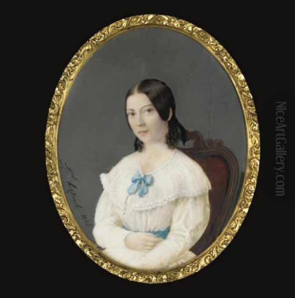 A Young Lady, In White Dress With Blue Bow At Corsage And Blue Belt, Seated With Her Right Arm On Her Lap, Dark Hair, Gold Earring - view 1