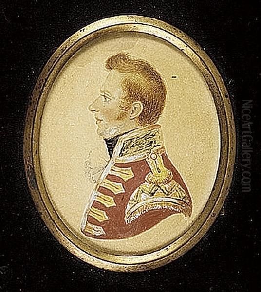 An Officer, Perhaps Of A Regiment Of Guards, Profile To The Left, Wearing Scarlet Coat With Single Spaced Bastion-ended Lace Across The Chest And Gold Wings With A Blue Zig-zag Decoration Above The Fringe - view 1